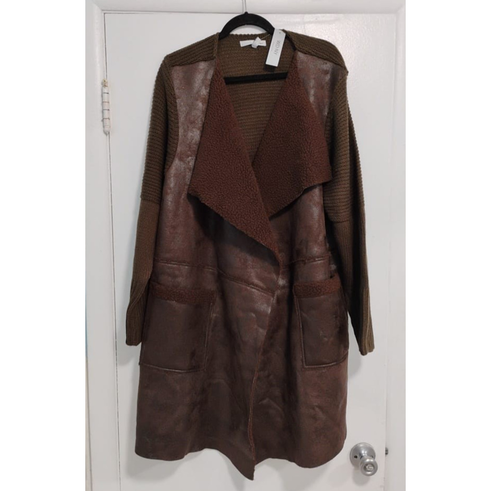WD-NY Brown Coat/Sweater Cardigan Faux Leather Sherpa size 3X